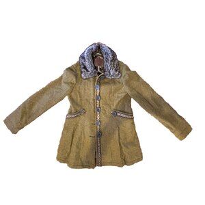 FREE PEOPLE Coat Womens Green Pea Jacket Paisley Fur Cute Accents Wool Sz 8